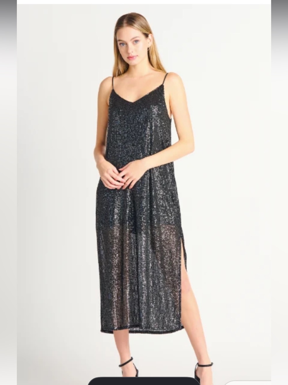 Black Tape Jingle Black Sequin Maxi Slip Dress Side Slits XS Party Holiday